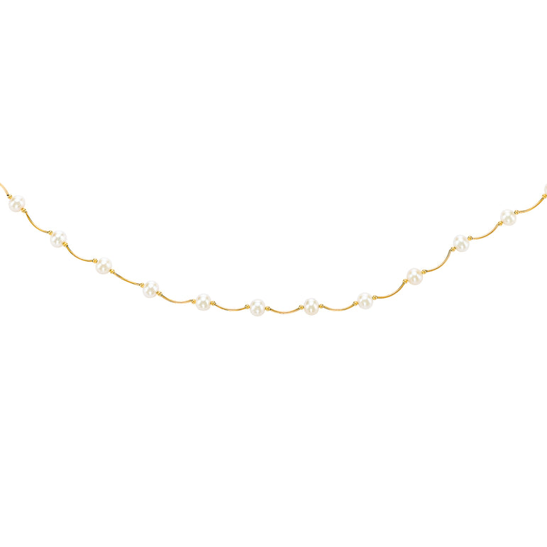 14K Gold Pearl Station Scalloped Necklace-Yellow | Lobster