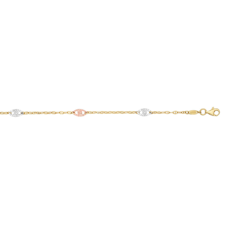 14K Tri-color Gold Diamond Cut Anklet-Tri-color | Lobster