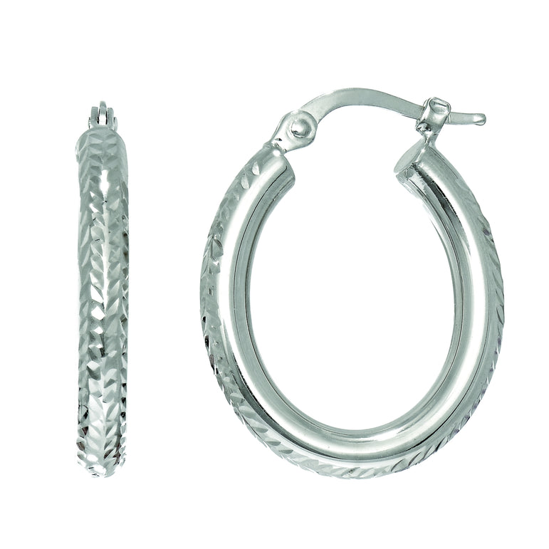 14K Gold Hinged Oval Diamond Cut Hoop Earring-White | Hinged