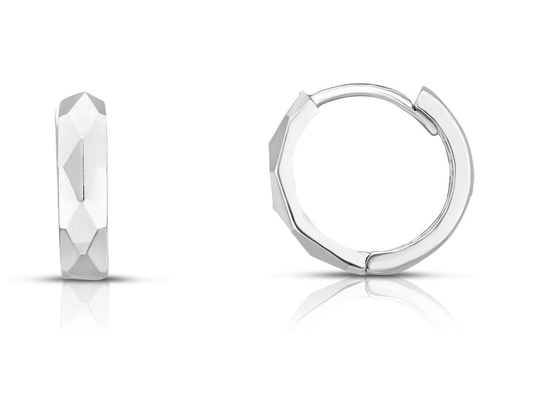 14K Gold Faceted Huggie Earrings-White | Hinged