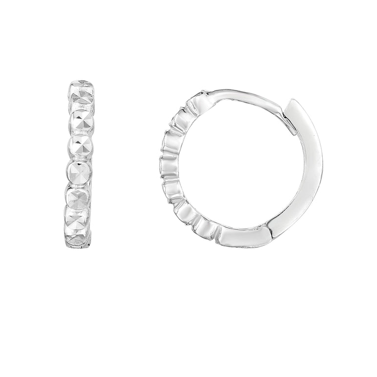 14K Gold Round Diamond Cut Huggie Earring-White | Hinged