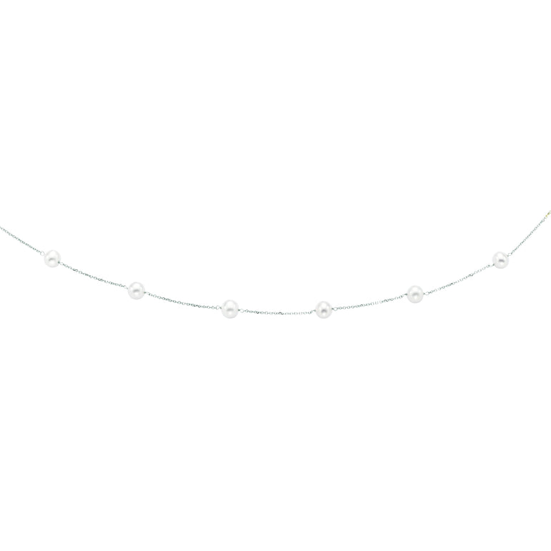 14K Gold Pearl Station Necklace-White | Lobster