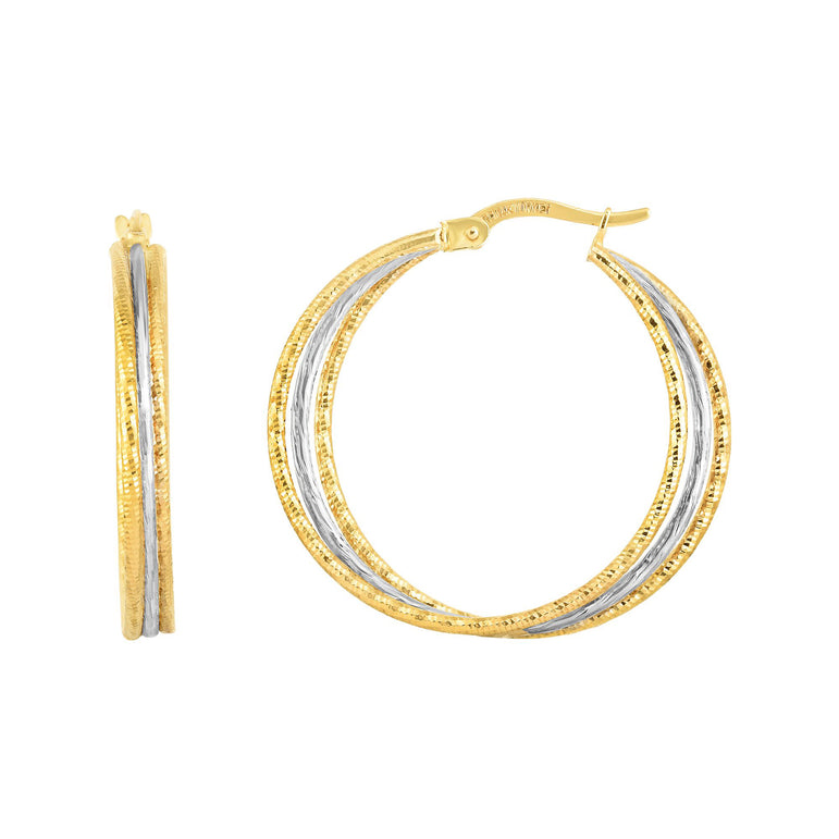 14K Gold Polished & Diamond Cut Double Row Hoop Earring-Two-tone | Hinged