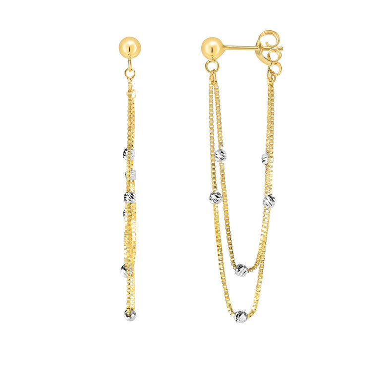 14K Gold Chain & Bead Station Front to Back Drop Earring-Two-tone | Push Back