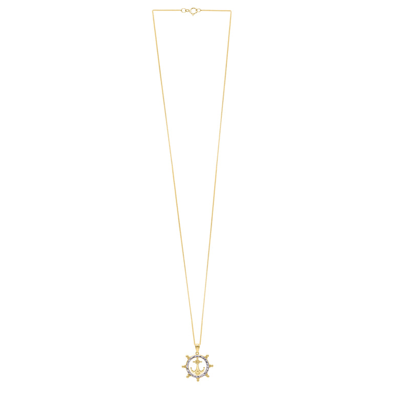 10K Ship's Wheel Anchor Necklace-Two-tone | Spring Ring