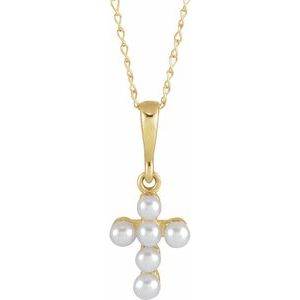 14K Yellow Cultured White Seed Pearl Youth Cross 16" Necklace-Cultured White Seed Pearl-2 Mm