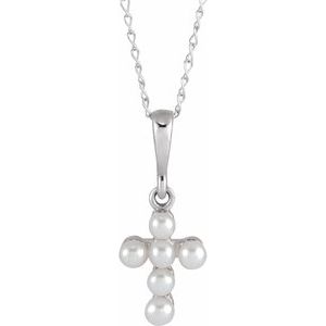 14K White Cultured White Seed Pearl Youth Cross 16" Necklace-Cultured White Seed Pearl-2 Mm
