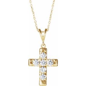 14K Yellow 3/4 CTW Natural Diamond French-Set Cross 16-18" Necklace-Natural Diamond-3.2Mm :: 3/4 Ctw