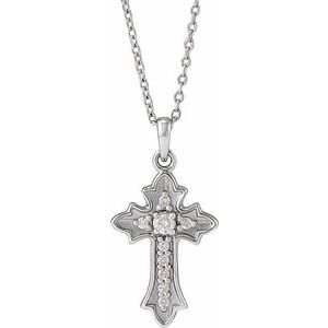 14K White .08 CTW Natural Diamond Vintage-Inspired Cross 16-18" Necklace-Natural Diamond-2Mm :: 0.08 Ctw