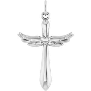 14K White Angel Wings Heart Cross Pendant-Polished