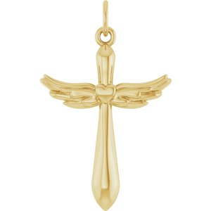 14K Yellow Angel Wings Heart Cross Pendant-Polished