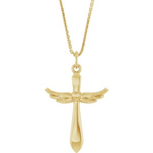 14K Yellow Angel Wings Heart Cross 18" Necklace-18 In-Polished