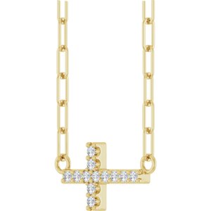 14K Yellow .05 CTW Natural Diamond Sideways Cross 18" Necklace-Natural Diamond-12 X 6 Mm