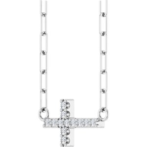Sterling Silver .05 CTW Natural Diamond Sideways Cross 18" Necklace-Natural Diamond-12 X 6 Mm