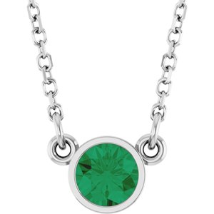 Rhodium-Plated Sterling Silver Lab-Grown Emerald Solitaire 16" Necklace-Lab-Grown Emerald-4 Mm