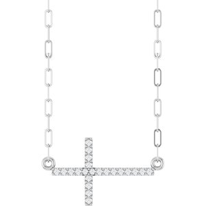 Sterling Silver .08 CTW Natural Diamond Sideways Cross 18" Necklace-Natural Diamond-19.3 X 10.8 Mm