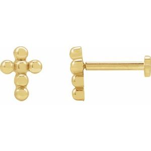 14K Yellow Beaded Cross Stud Earrings-Pair-Press Fit Back Included
