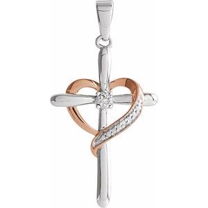 Sterling Silver .006 CTW Natural Diamond Heart Cross Pendant-Polished