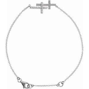 Sterling Silver Imitation Cubic Zirconia Double Sideways Cross 7-8" Bracelet-Round-1.5 Mm