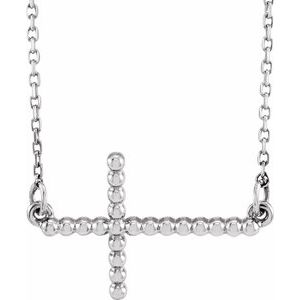 14K White 19.5x12.1 mm Sideways Beaded Cross 16.5" Necklace-16 1/2 In-Polished