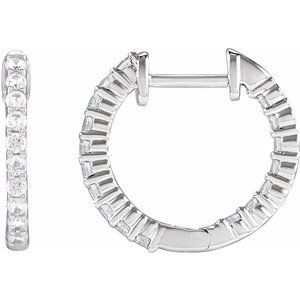 14K White 1/2 CTW Natural Diamond Inside-Outside Hinged 14.5 mm Hoop Earrings-Round-14.5 Mm