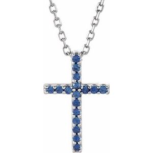 14K White Natural Blue Sapphire Petite Cross 16" Necklace-Natural Blue Sapphire-1 Mm