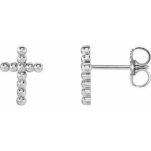 14K White Beaded Cross Earrings-Friction Backs Included-Polished