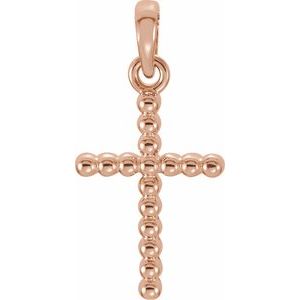 14K Rose Beaded Cross Pendant-Polished
