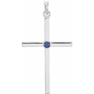 14K White Natural Blue Sapphire Cross Pendant-Natural Blue Sapphire-2 Mm