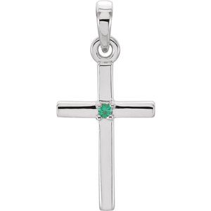14K White Natural Emerald Cross Pendant-Natural Emerald-1.25 Mm