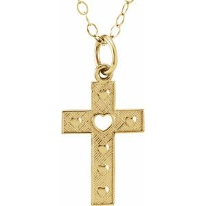 14K Yellow Pierced Heart Cross 15" Necklace-15 In-Polished
