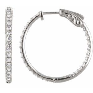 14K White 1 CTW Natural Diamond Inside-Outside 26.5 mm Hinged Hoop Earrings-Round-26.5 Mm