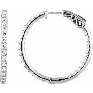 14K White 2 CTW Natural Diamond Inside-Outside 29.5 mm Hinged Hoop Earrings-Round-29.5 Mm