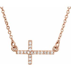 14K Rose .07 CTW Natural Diamond Sideways Cross 16-18" Necklace-Natural Diamond-16.5 X 8.2 Mm