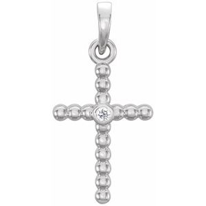 14K White 19.1x9.5 mm .015 CTW Natural Diamond Beaded Cross Pendant-Polished