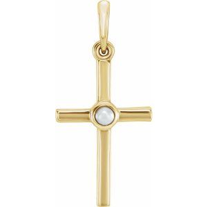 14K Yellow Cultured White Freshwater Pearl Cross Pendant-Cultured White Freshwater Pearl-2 Mm