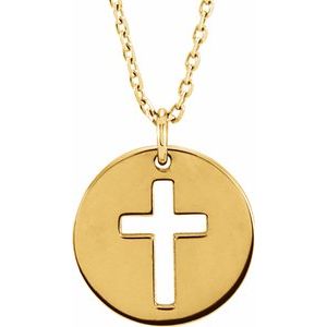 14K Yellow Pierced Cross Disc 16-18" Necklace-16-18 In-Polished