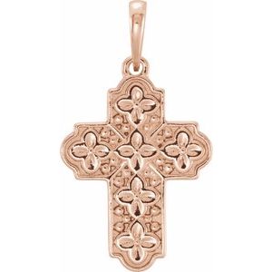 14K Rose Ornate Floral-Inspired Cross Pendant-Polished