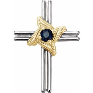 14K White/Yellow Natural Blue Sapphire Cross Pendant-Natural Blue Sapphire-2.5 Mm