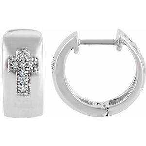Sterling Silver .05 CTW Natural Diamond Cross 11.3 mm Hoop Earrings-6 Mm-Natural Diamond