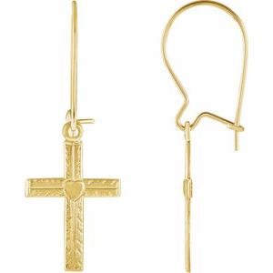 14K Yellow Heart & Cross Earrings-Backless-Polished