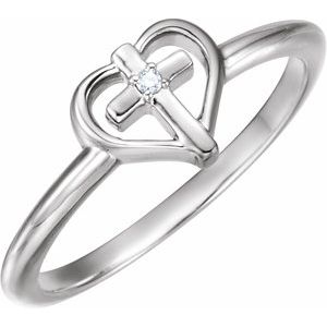 14K White .01 CT Natural Diamond Cross & Heart Ring-Round-1.3 Mm