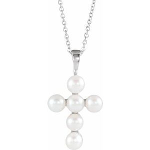 Sterling Silver Cultured White Freshwater Pearl Cross 16-18" Necklace-Cultured White Freshwater Pearl-4.0-4.5 Mm
