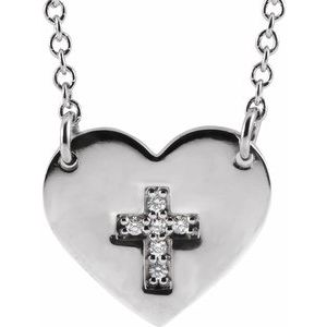 Sterling Silver .02 CTW Natural Diamond Heart & Cross 16-18" Necklace-Natural Diamond-.9Mm :: 0.02 Ctw