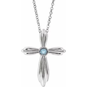 14K White Natural Aquamarine Cross 16-18" Necklace-Natural Aquamarine-2.5 Mm