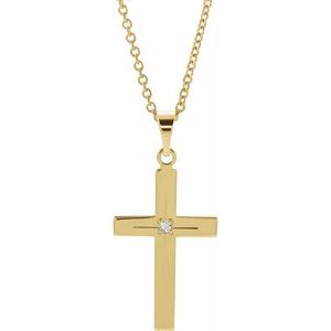 14K Yellow .01 CT Natural Diamond Cross 18" Necklace-Natural Diamond-18 X 12 Mm