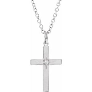14K White .0075 CT Natural Diamond Youth Cross 15" Necklace-Natural Diamond-1.2Mm :: 0.0075 Ct