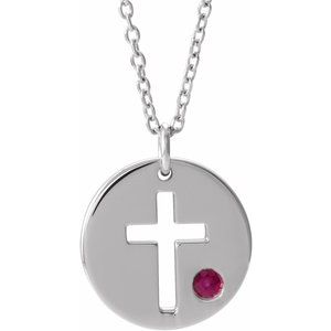 Sterling Silver Imitation Ruby Pierced Cross Disc 16-18" Necklace-Imitation Ruby-2 Mm