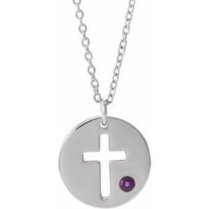 14K White Natural Amethyst Pierced Cross Disc 16-18" Necklace-Natural Amethyst-2 Mm