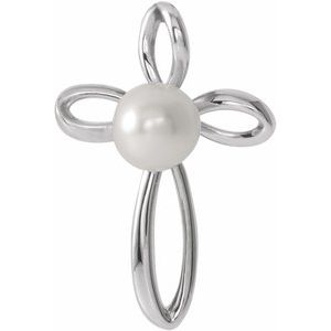 14K White Cultured White Freshwater Pearl Cross Pendant-Cultured White Freshwater Pearl-4.0-4.5 Mm